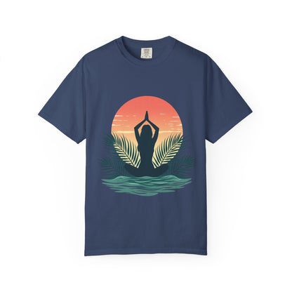 Sunset Yoga T-Shirt, Relaxed Fit Tee for Beach Lovers, Gift for Yoga Enthusiasts, Summer Apparel, Eco-Friendly Fashion