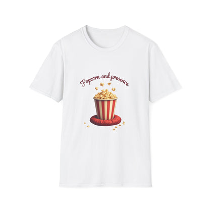 Popcorn and Presence Unisex Softstyle T-Shirt, Movie Night Tee, Gift for Film Lovers, Casual Wear, Fun Party Shirt, Cozy Apparel