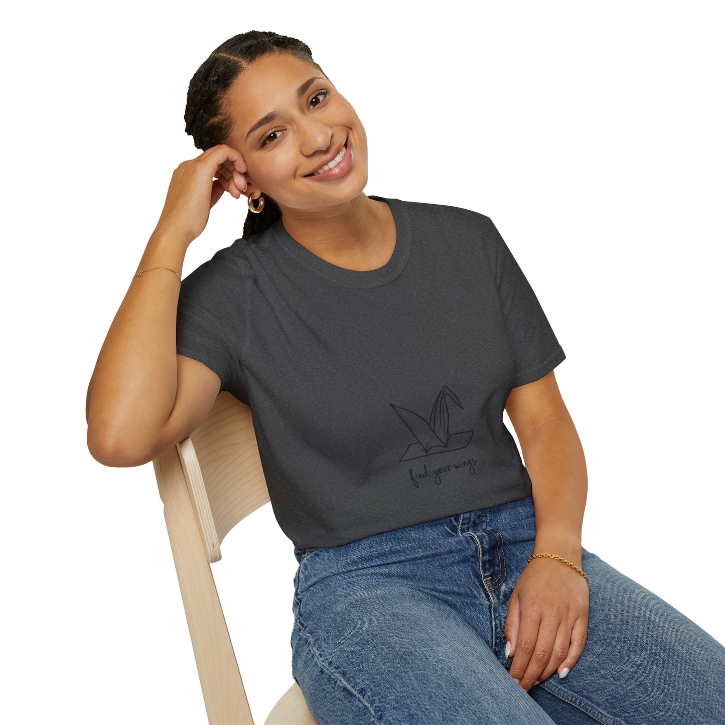 Inspirational Origami Crane T-Shirt, Find Your Wings Quote Tee, Unisex Softstyle Shirt, Gift for Her, Motivation Apparel, Casual Wear