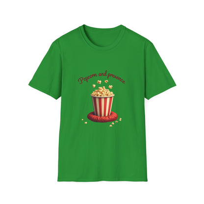 Popcorn and Presence Unisex Softstyle T-Shirt, Movie Night Tee, Gift for Film Lovers, Casual Wear, Fun Party Shirt, Cozy Apparel