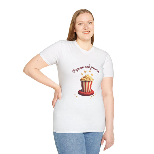 Popcorn and Presence Unisex Softstyle T-Shirt, Movie Night Tee, Gift for Film Lovers, Casual Wear, Fun Party Shirt, Cozy Apparel