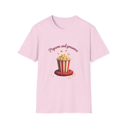 Popcorn and Presence Unisex Softstyle T-Shirt, Movie Night Tee, Gift for Film Lovers, Casual Wear, Fun Party Shirt, Cozy Apparel