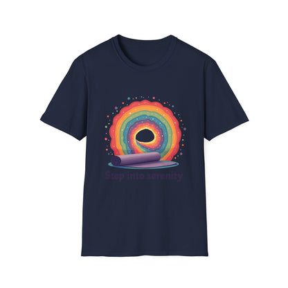 Rainbow Serenity T-Shirt, Relaxation Tee, Yoga Wear, Unisex Softstyle Shirt, Mindfulness Apparel, Gift for Wellness Enthusiasts