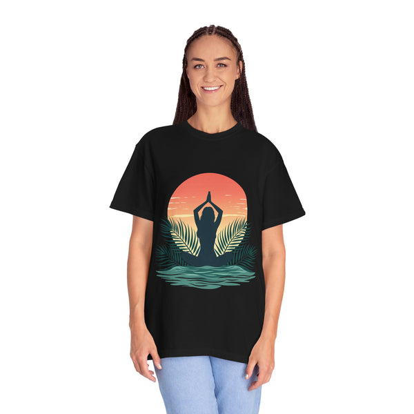 Sunset Yoga T-Shirt, Relaxed Fit Tee for Beach Lovers, Gift for Yoga Enthusiasts, Summer Apparel, Eco-Friendly Fashion