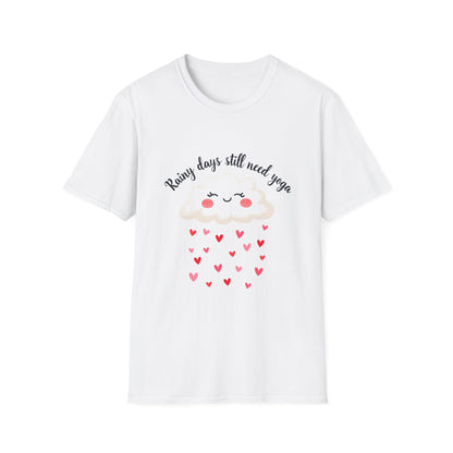 Cute Rainy Day Yoga T-Shirt, Unisex Softstyle Tee, Yoga Lover Gift, Casual Wear, Inspirational Shirt, Heart Design