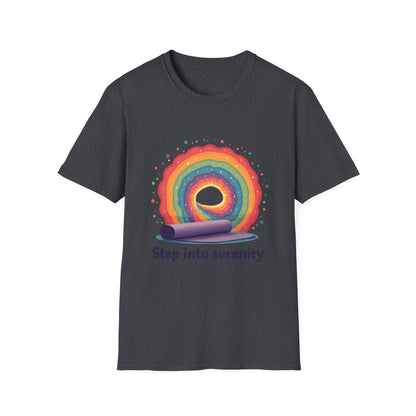 Rainbow Serenity T-Shirt, Relaxation Tee, Yoga Wear, Unisex Softstyle Shirt, Mindfulness Apparel, Gift for Wellness Enthusiasts