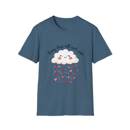 Cute Rainy Day Yoga T-Shirt, Unisex Softstyle Tee, Yoga Lover Gift, Casual Wear, Inspirational Shirt, Heart Design