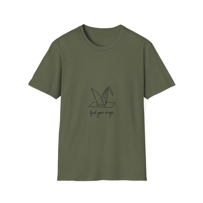 Inspirational Origami Crane T-Shirt, Find Your Wings Quote Tee, Unisex Softstyle Shirt, Gift for Her, Motivation Apparel, Casual Wear