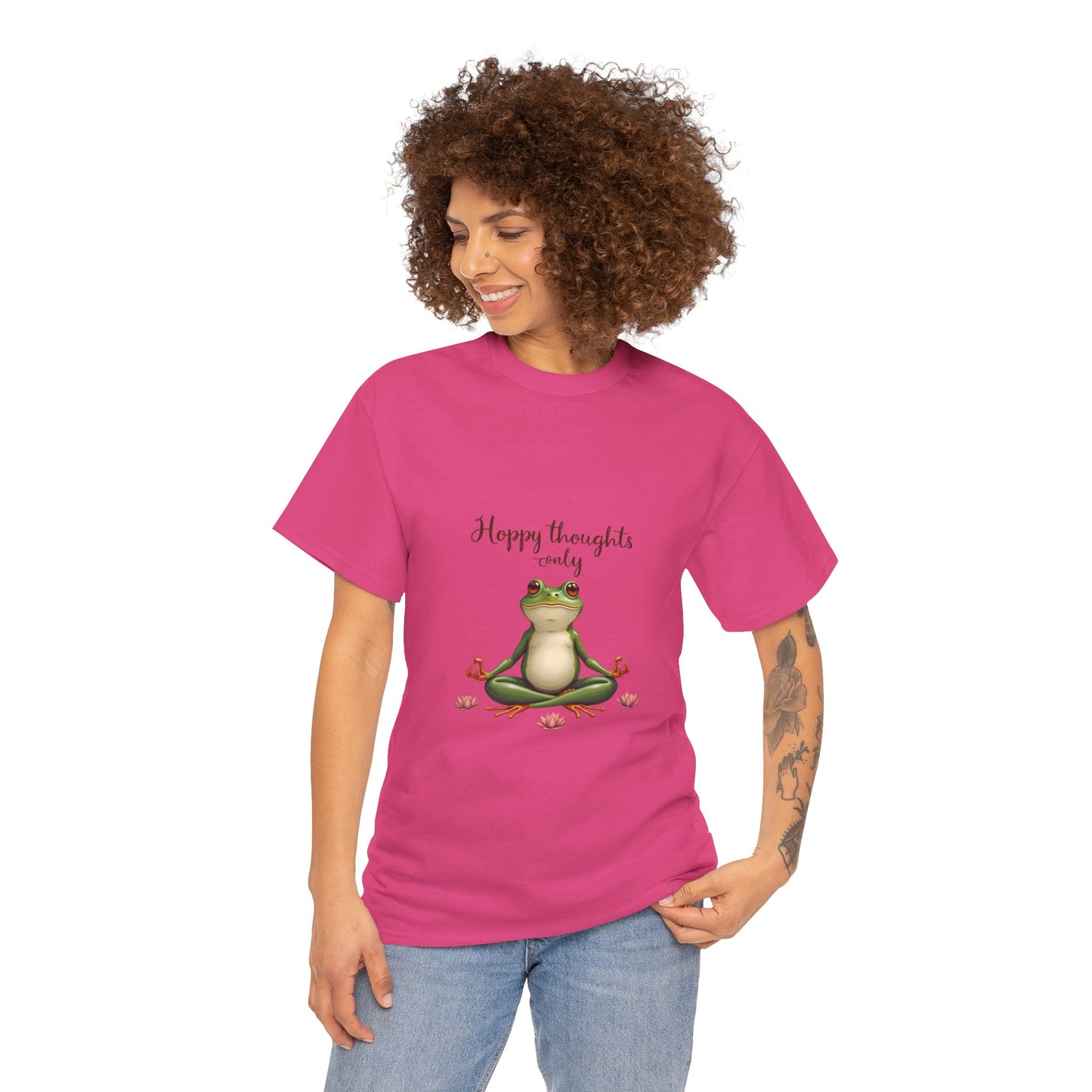 Happy Thoughts Frog Unisex Heavy Cotton Tee, Cute Animal Shirt, Meditation Apparel, Positive Vibes Tee, Gift for Yogis, Relaxed Style Tee