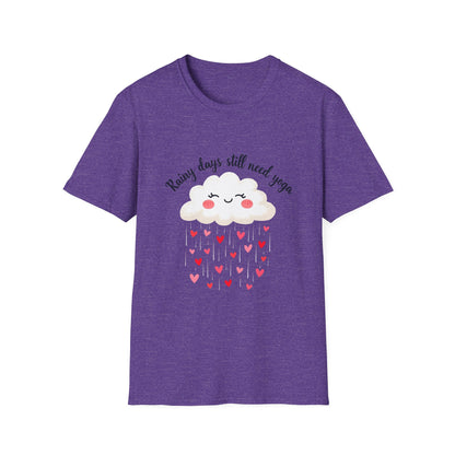 Cute Rainy Day Yoga T-Shirt, Unisex Softstyle Tee, Yoga Lover Gift, Casual Wear, Inspirational Shirt, Heart Design