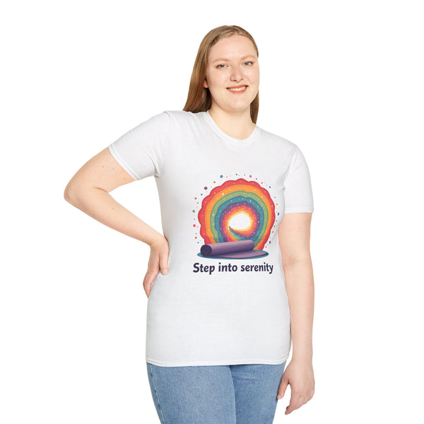 Rainbow Serenity T-Shirt, Relaxation Tee, Yoga Wear, Unisex Softstyle Shirt, Mindfulness Apparel, Gift for Wellness Enthusiasts